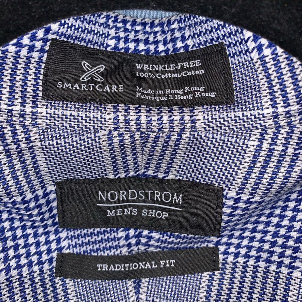 Nordstrom Mens Smartcare Blue & White Glen Plaid BDS Sz 15 1/2 - 35 - Picture 3 of 5